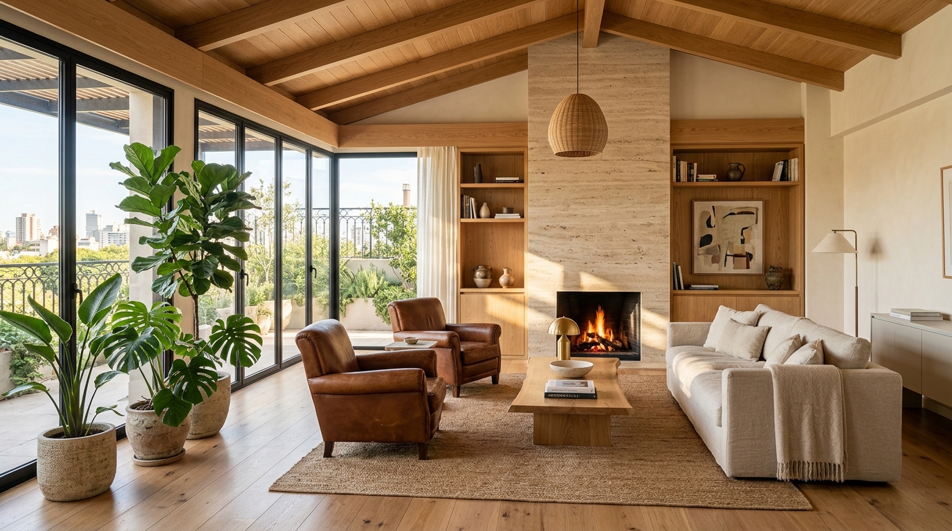 Living contemporáneo iluminado por el sol, diseñado por Estudio B-II